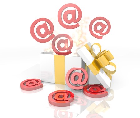 isolated 3d rendered gift on white background with glittering email icon coming out of itの写真素材