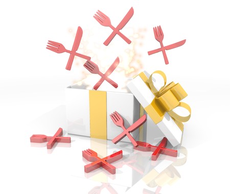 isolated 3d rendered gift on white background with glittering restaurant symbol coming out of itの写真素材
