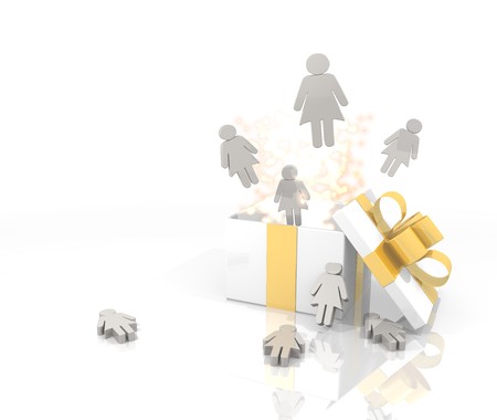 isolated 3d rendered gift on white background with glittering woman symbol coming out of itの写真素材