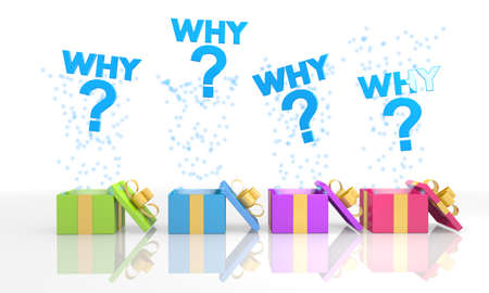 four on white background isolated 3d rendered gift boxes with isolated why symbol coming out of itの写真素材