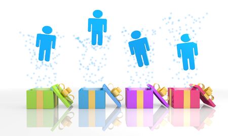 four on white background isolated 3d rendered gift boxes with friendly man icon coming out of itの写真素材