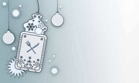 eating, illustration of a christmas label with restaurant card in front of a ice blue background with gradient to white and space for own content and textの写真素材