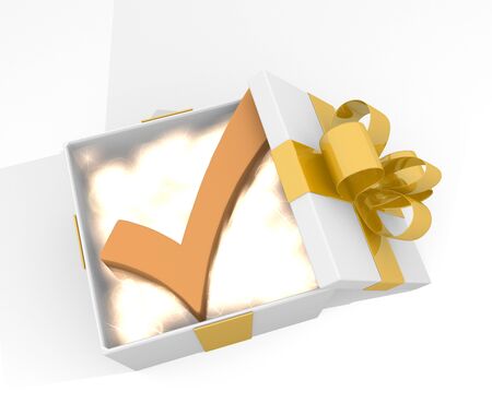 isolated 3d rendered xmas present with glittering check symnol inside seen from top with white backgroundの写真素材