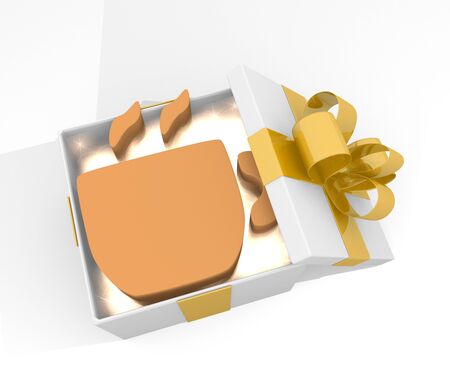 isolated 3d rendered xmas present with glittering coffee symnol inside seen from top with white backgroundの写真素材