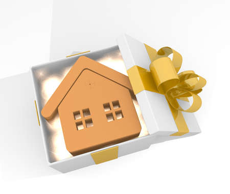 isolated 3d rendered xmas present with glittering house symnol inside seen from top with white backgroundの写真素材