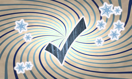 festive wooden vintage check label on on old style retro background with snowflakesの写真素材