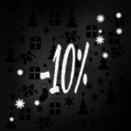 -10 stylish discount label in black white with xmas icons in the background and presents and glaring...