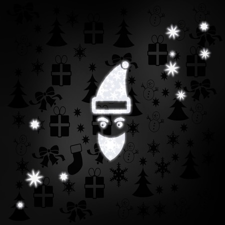 luxury stylish Santa Claus label in black white with xmas icons in the background and presents and glaring starsの写真素材