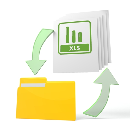 isolated 3d file folder with xls symbol on documents with symbol for upload and downloadの写真素材