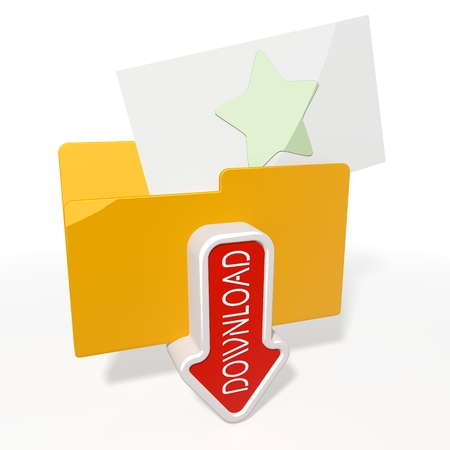 3d icon of a file folder for download with a red star in it isolated on white backgroundの写真素材