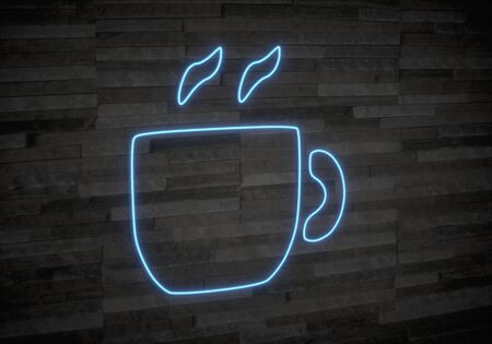 Pastel gray  tea cup of tea 3d graphic with neon coffee symbol on classy stone wallの写真素材