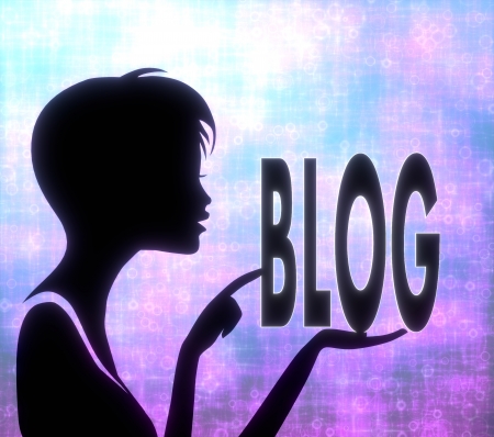 silhouette of a pretty girl presenting a glaring blog on modern fresh pink blue backgroundの写真素材
