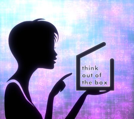 silhouette of a pretty girl presenting a glaring think out of the box on modern fresh pink blue backgroundの写真素材