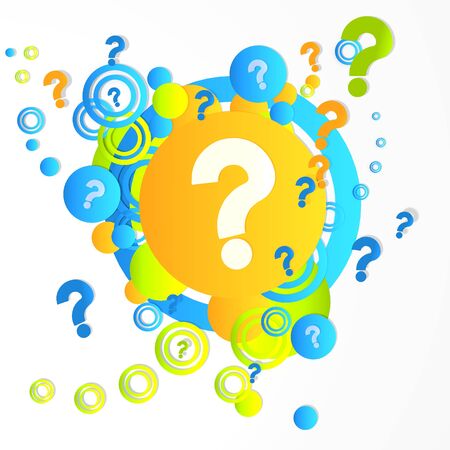 trendy art question sign in front of a happ party art background with flying question icons isolated on white backgroundの写真素材