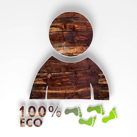natural man icon with 100 percent eco caption as stylish button with old wooden texture and footprints isolated on white backgroundの写真素材
