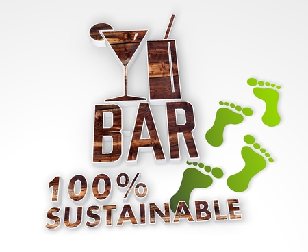 ecological bar symbol with 100 percent sustainable caption as stylish 3d graphic with old wooden texture and footprintsの写真素材