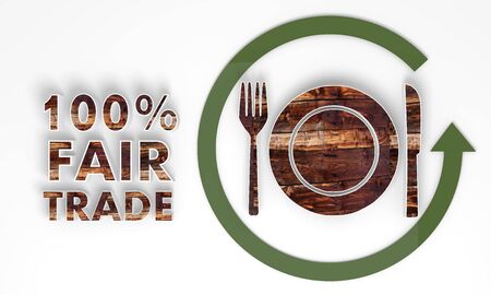 fair trade 3d restaurant symbol with wooden ecological textureの写真素材