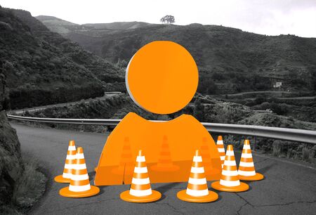 orange man sign on a countryside road in <<remote landscape blocking the way like a construction siteの写真素材