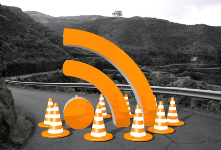 orange wifi sign on a countryside road in <<remote landscape blocking the way like a construction...