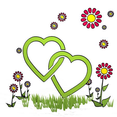spring flower hand drawn sketch of two hearts with fresh flowers on white backgroundの写真素材