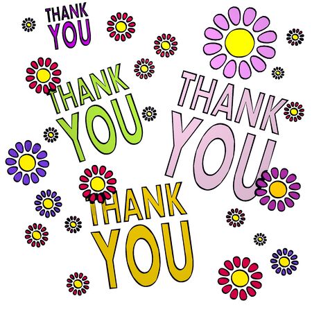 happy spring flower hand drawn sketch of four thank you with creative flowers on white backgroundの写真素材