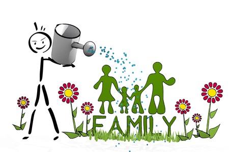 a hand drawn stick man waters a family with scribble flowers on white backgroundの写真素材