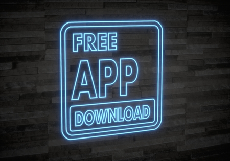 Pastel gray  stylish Smartphone 3d graphic with creative free app download sign on classy stone wallの写真素材