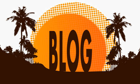 illustration of a modern blog sign on a beach with rising sun and palm trees in the backgroundの写真素材