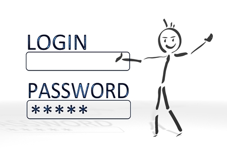 hand drawn stick man presents a password sign white backgroundの写真素材