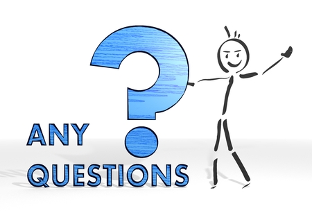 hand drawn stick man presents a question sign white backgroundの写真素材