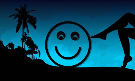 smile sign on a beach with sexy woman legs and palm trees on blue night backgroundの写真素材