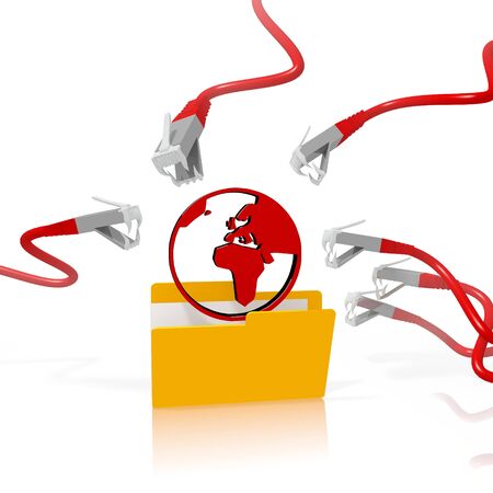 a 3d file folder with a red world in it isolated on white background is attacked and hacked by network cablesの写真素材