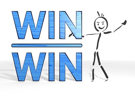 cute stick man presents a win win sign white backgroundの写真素材