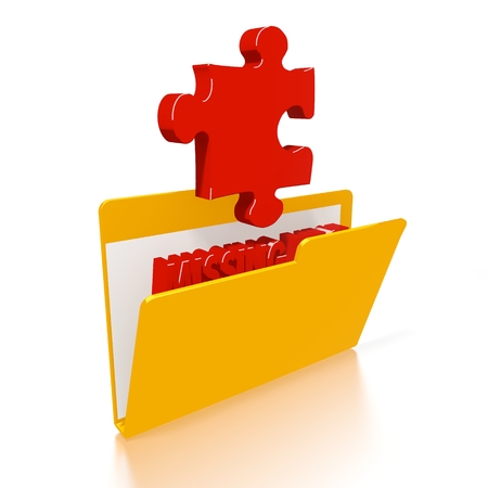 3d icon of a file folder with a red missing piece symbol in it isolated on white backgroundの写真素材