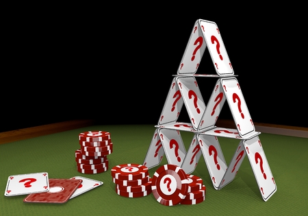 Red  unclear card 3d graphic with unclear question icon  on the casino tableの写真素材