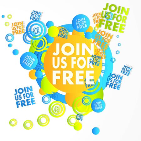 free art join us icon in front of a happ party art background with flying join us icons isolated on white backgroundの写真素材