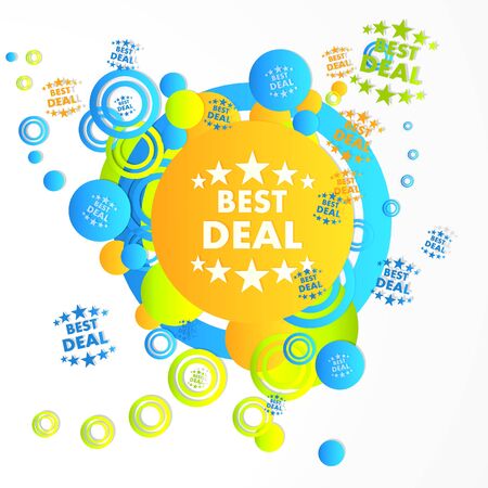 modern art best deal symbol in front of a happ party art background with flying best deal icons isolated on white backgroundの写真素材