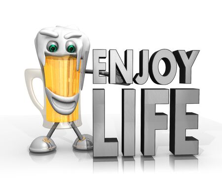 beer character presents a enjoy life sign isolated on with background in 3d rendered styleの写真素材
