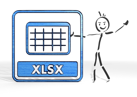 hand drawn stick man presents a xlsx symbol white backgroundの写真素材
