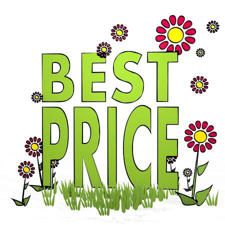 spring flower hand drawn sketch of best price with childish flowers on white backgroundの写真素材