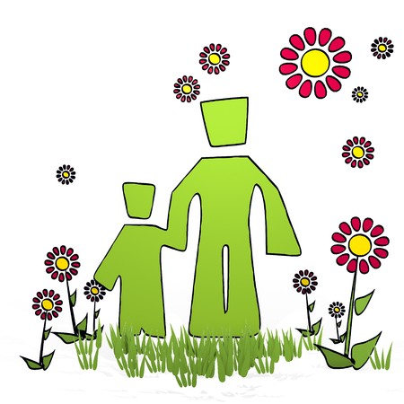 spring flower hand drawn sketch of father and son with simple flowers on white backgroundの写真素材