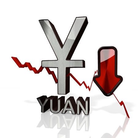 3d rendered icon of China Yuan Renminbi with down stock market trend arrows in stylish silver metal isolated on white backgroundの写真素材