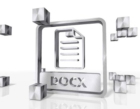 3d rendered docx symbol constructed out of metallic faces. A symbol docx builds up in the middle of the scene surrounded by steel cubes on white backgroundの写真素材