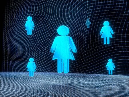 electronic internet 3d rendering of a woman symbol constructed out of electronic faces in cyber space. A symbol woman builds up in the middle of the scene surrounded by digital data network on black backgroundの写真素材