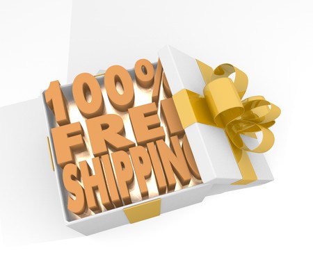isolated 3d rendered xmas present with glittering 100 percent free shipping symbol inside seen from top with white backgroundの写真素材