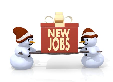 a 3d rendered gift with a new jobs sign printed on it is carried by two cute snowman isolated on white backgroundの写真素材