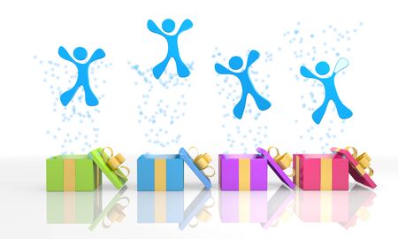 four on white background isolated 3d rendered gift boxes with isolated happy character icon coming out of itの写真素材