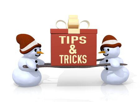 a 3d rendered gift with a tips symbol printed on it is carried by two cute snowman isolated on white backgroundの写真素材