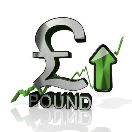 3d rendered sign of United Kingdom Pound currency with up stock market trend arrows in stylish silver metal isolated on white backgroundの写真素材