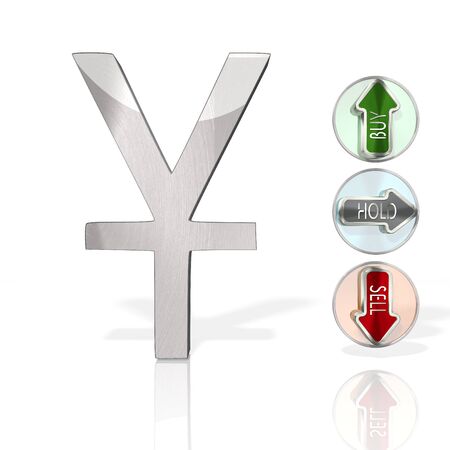 stock market China Yuan Renminbi sign with three analysis buttons 3d rendered and isolated on white backgroundの写真素材
